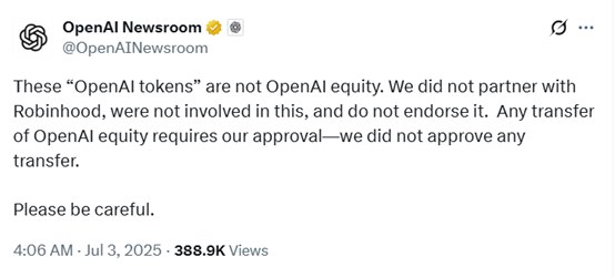 【 #OpenAI 紧急 #公告 ：否认与Robinhood代币有关】OpenAI发布紧急公告，称这些“OpenAI代币”并非OpenAI的股权